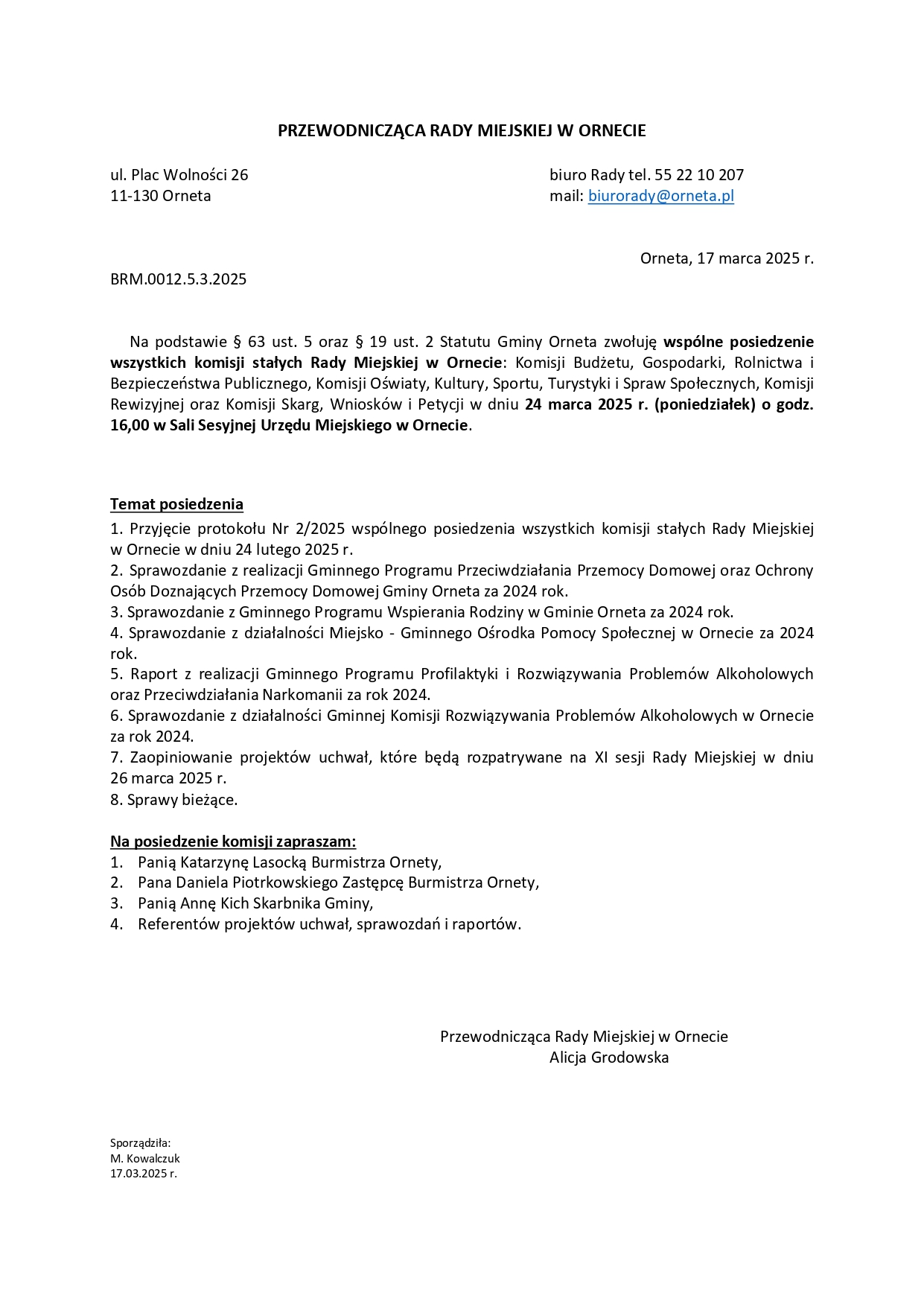 Wspólne posiedzenie wszystkich komisji stałych Rady Miejskiej w Ornecie