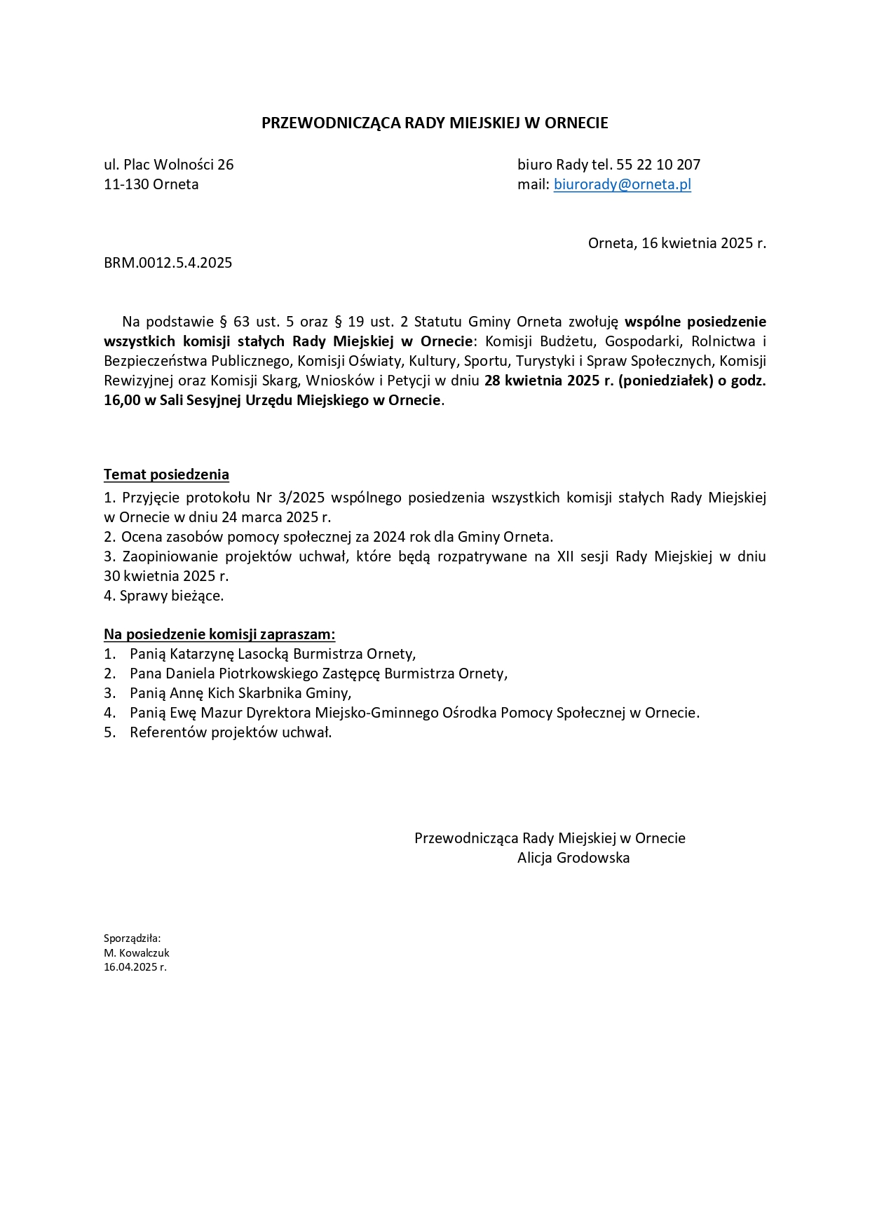 Wspólne posiedzenie wszystkich komisji stałych Rady Miejskiej w Ornecie