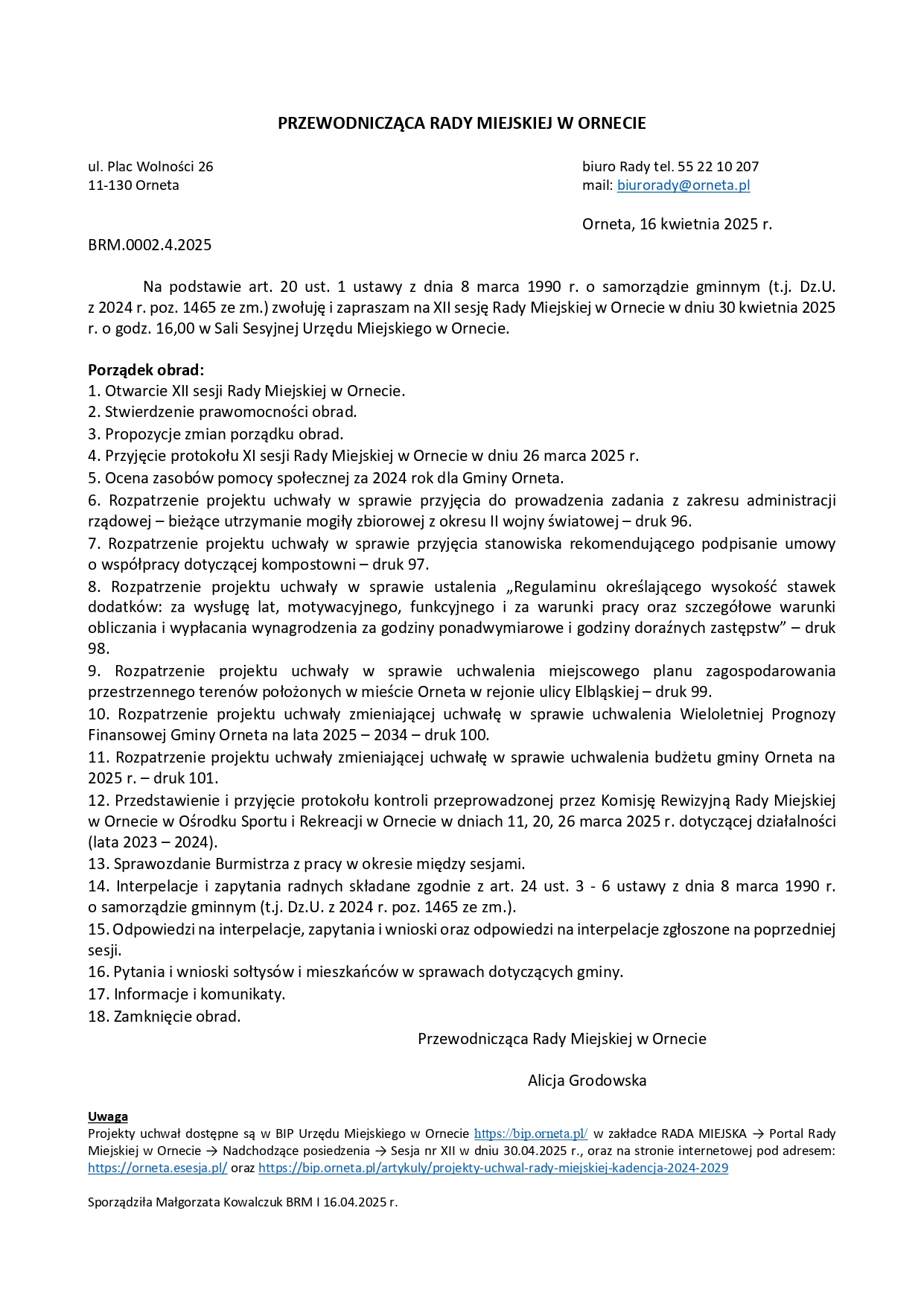 XII Sesja Rady Miejskiej w Ornecie
