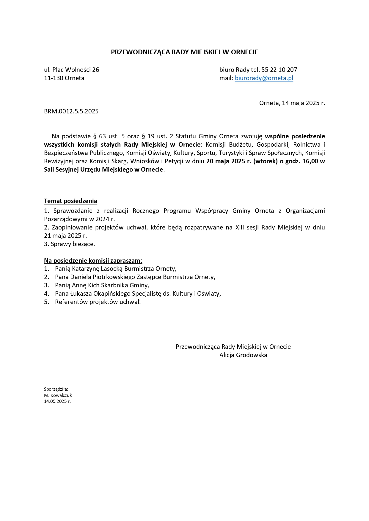 Wspólne posiedzenie wszystkich komisji stałych Rady Miejskiej w Ornecie