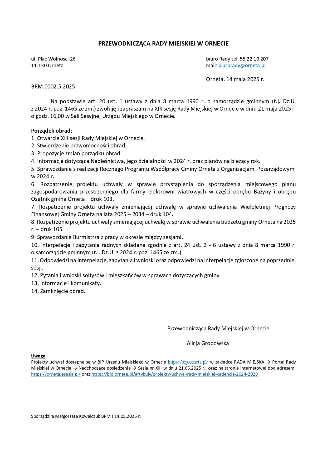 XIII Sesja Rady Miejskiej w Ornecie