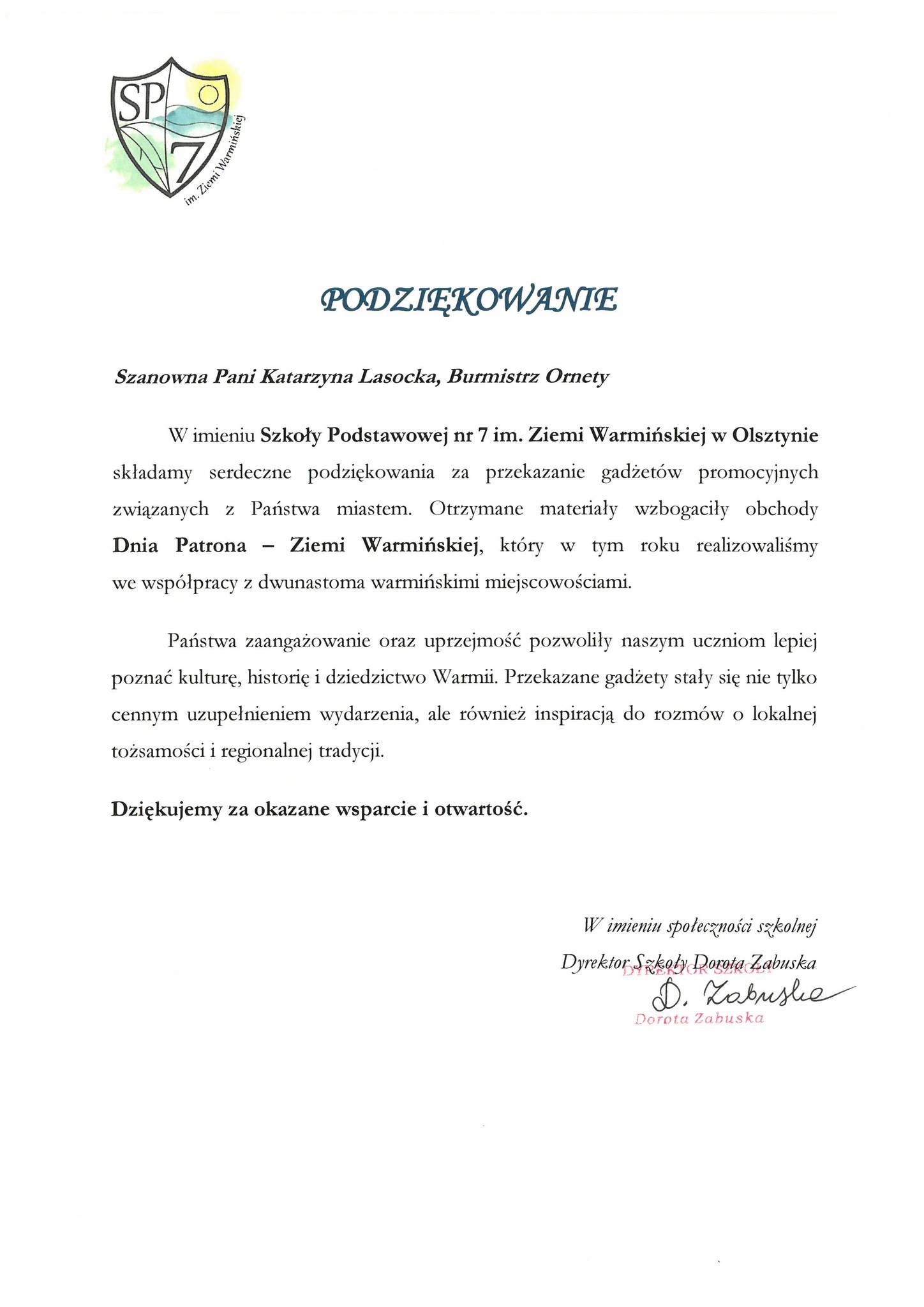 Skan podziękowania ze Szkoły Podstawowej nr 7 w Olsztynie