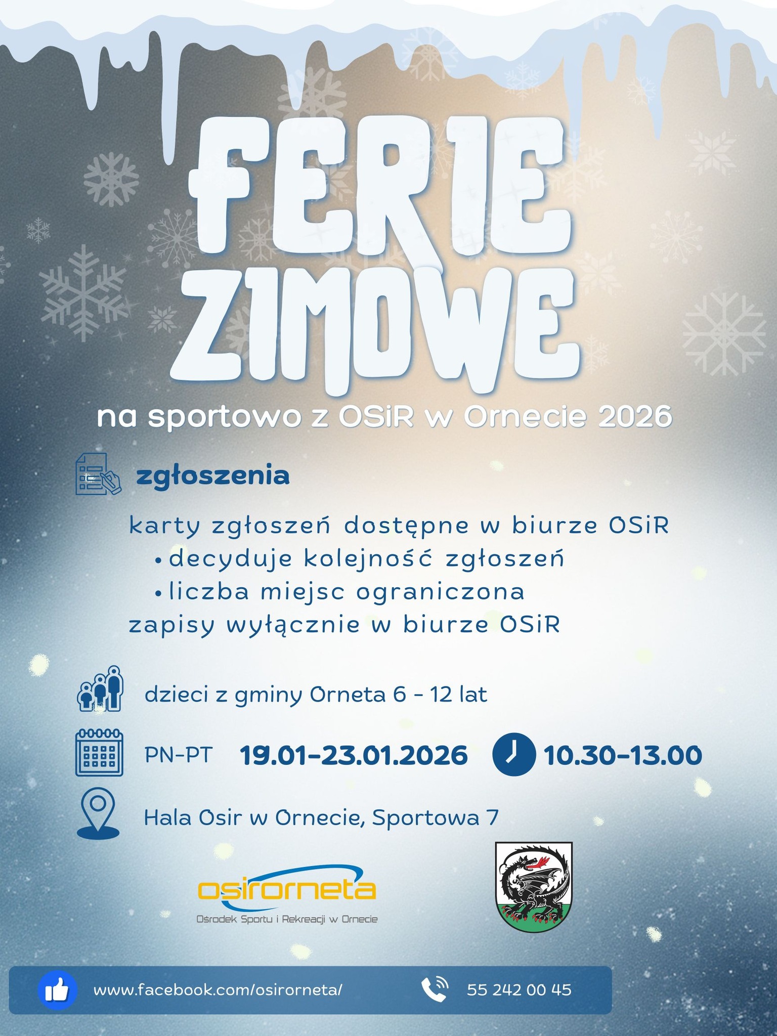 Plakat Ferie zimowe na sportowo z OSiR w Ornecie 2026