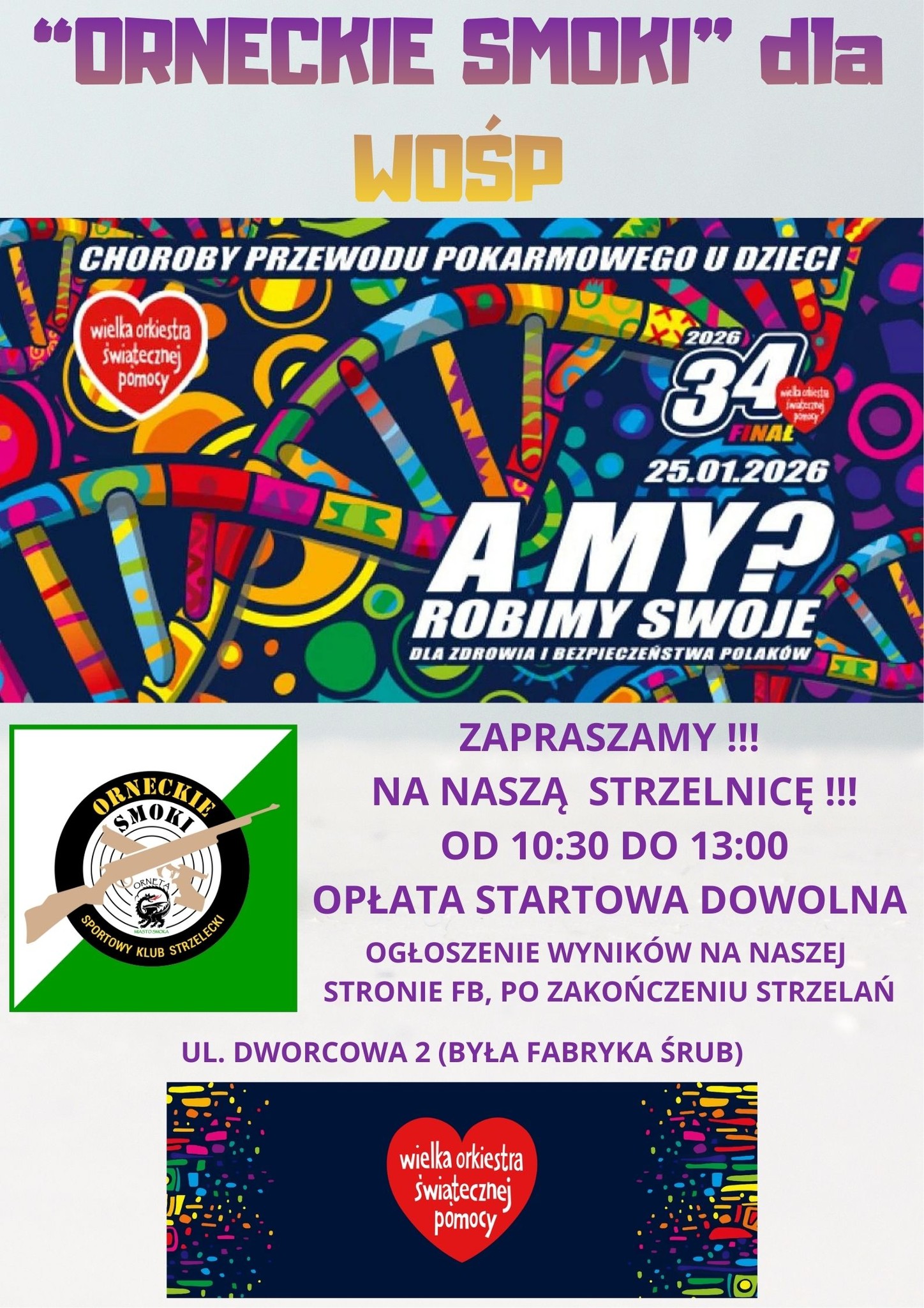 Plakat zapraszający na strzelnicę sportową z okazji 34. Finału WOŚP