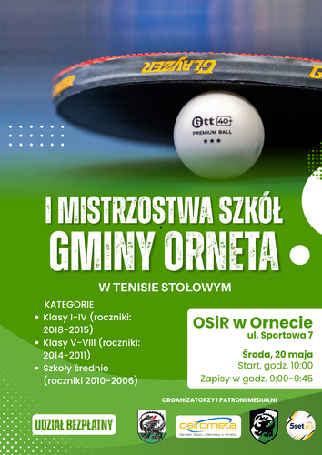 Plakat - I Mistrzostwa Szkół Gminy Orneta w Tenisie Stołowym