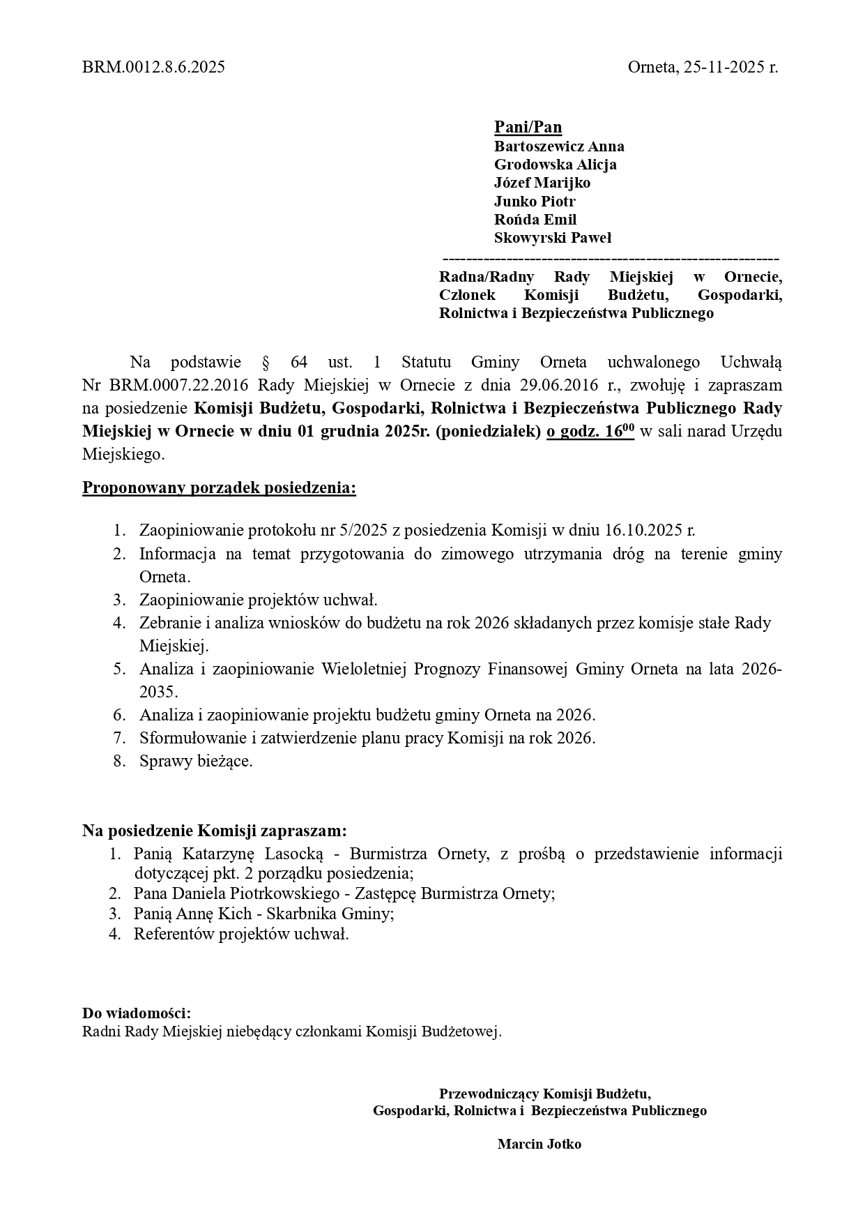 Zawiadomienie o Komisji Budżetowej