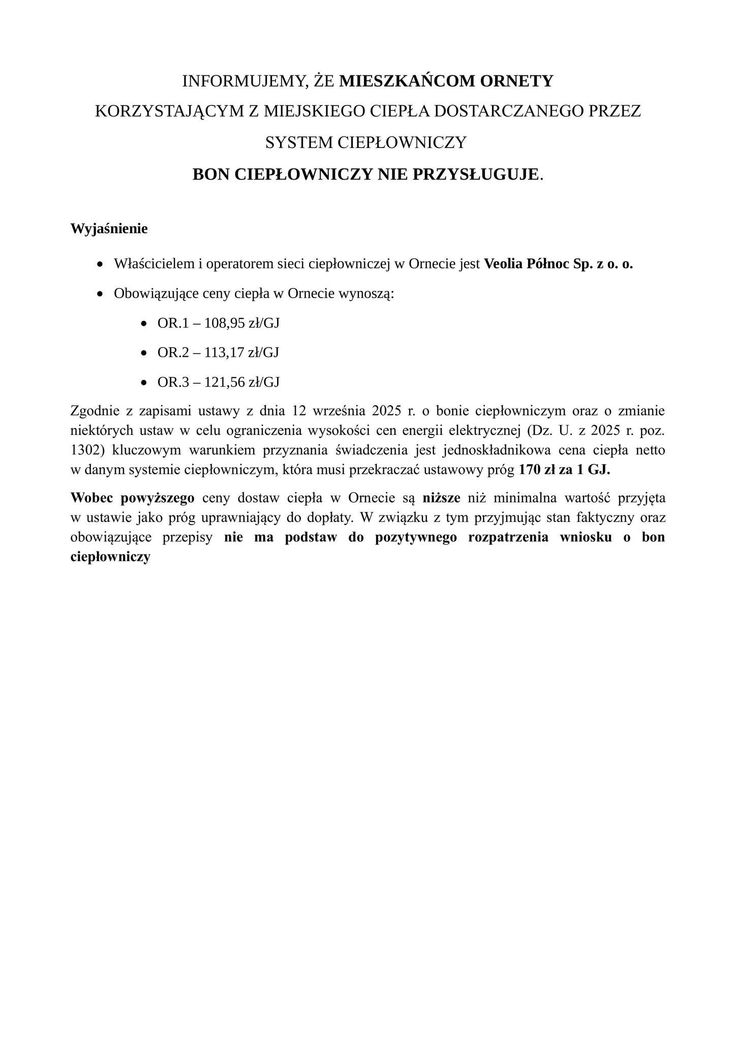 Informacja o bonie ciepłowniczym