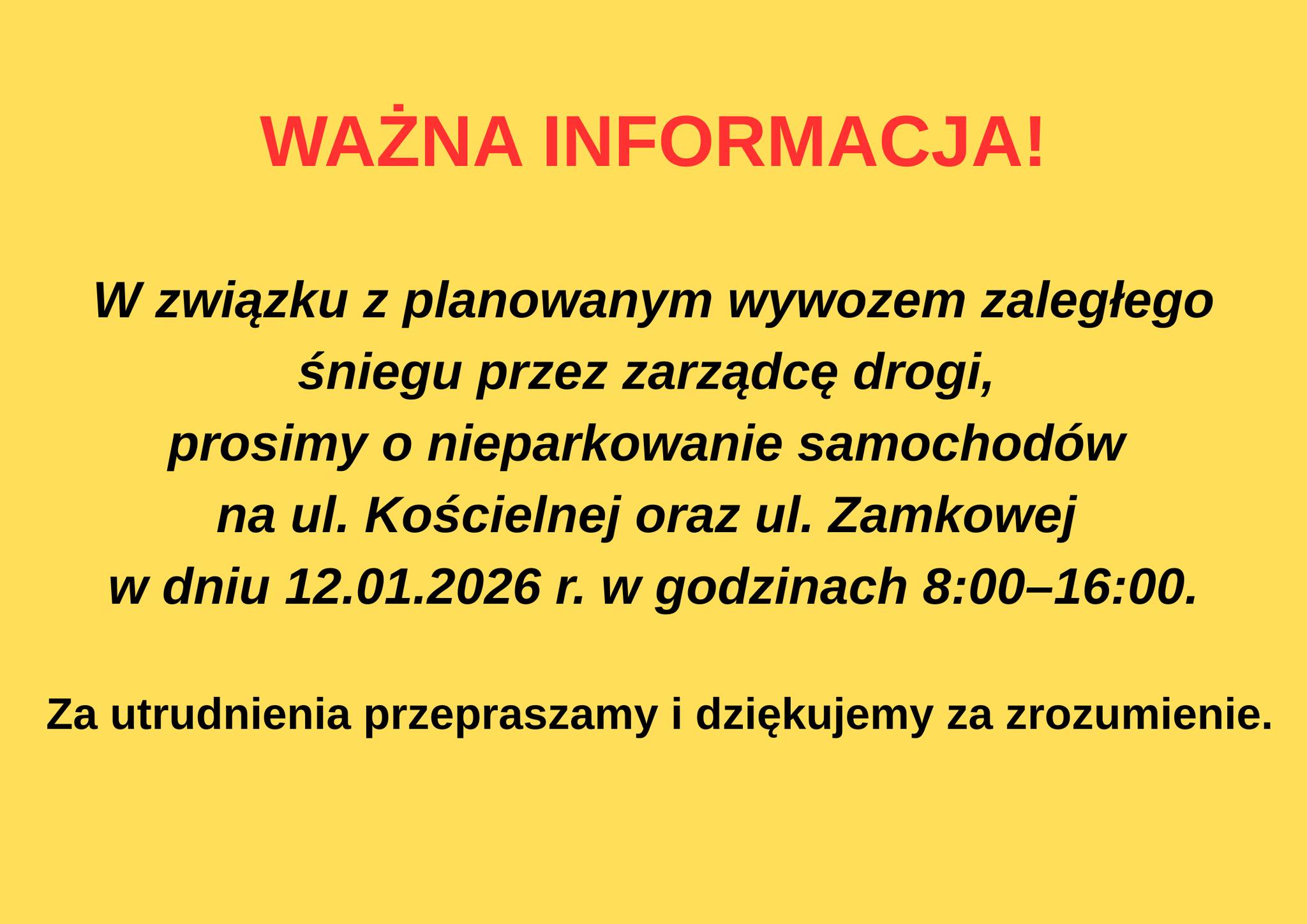 Grafika informacyjna o wywozie zalegającego śniegu na ul. Zamkowej i Kościelnej