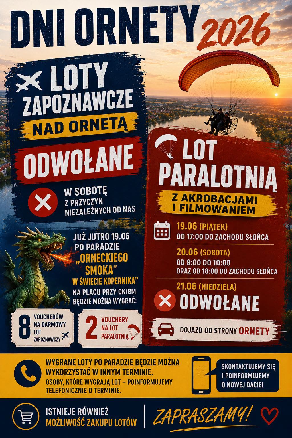 Plakat - Loty zapoznawcze nad Ornetą - odwołane