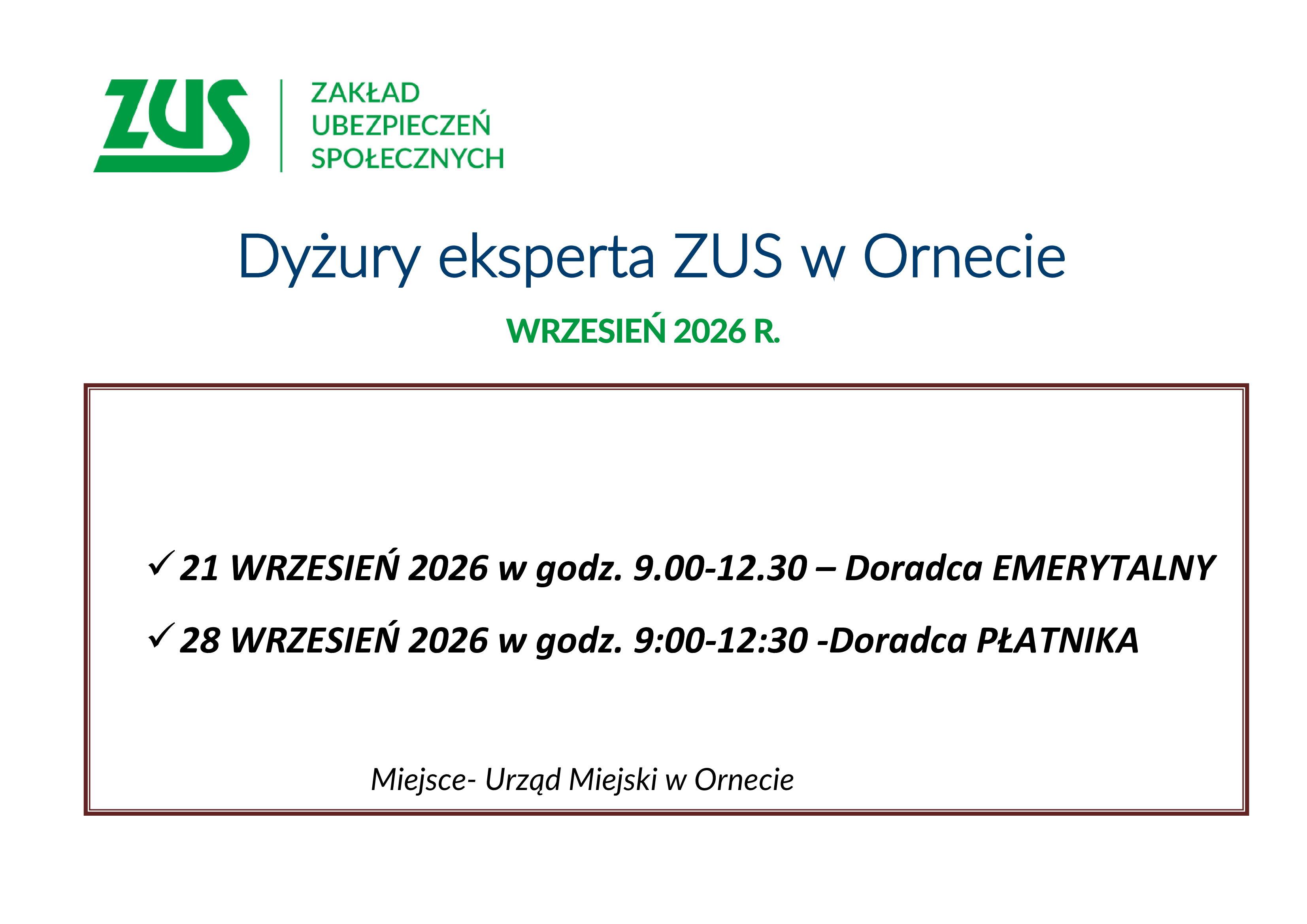 Dyżury eksperta ZUS w Ornecie - wrzesień 2026