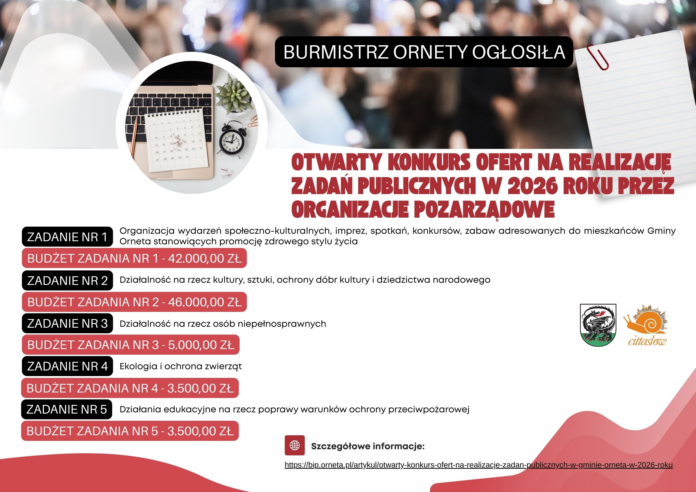 Grafika informacyjna o otwartym konkursie ofert na realizacje zadań publicznych w 2026 r.