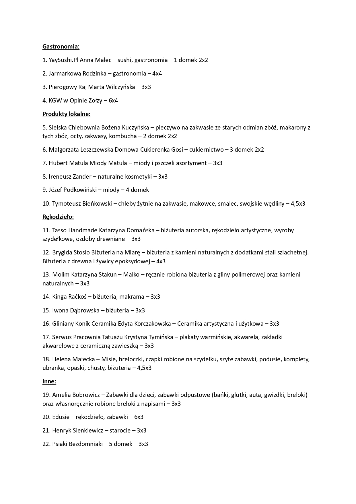Lista wystawców - Ornecki Jarmark na Zakończenie Wakacji