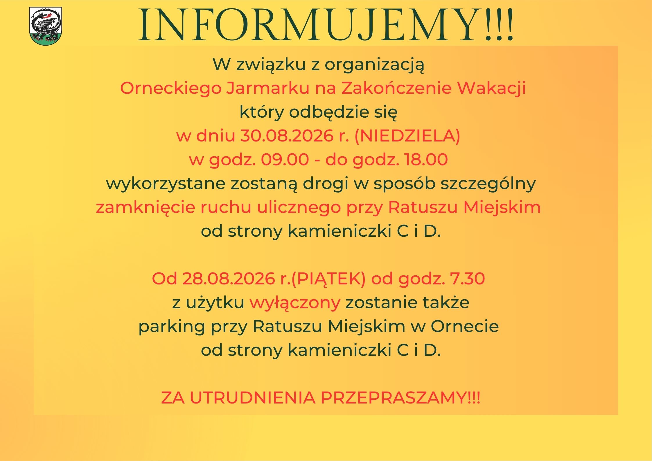 Informacja - zamknięcie ruchu ulicznego