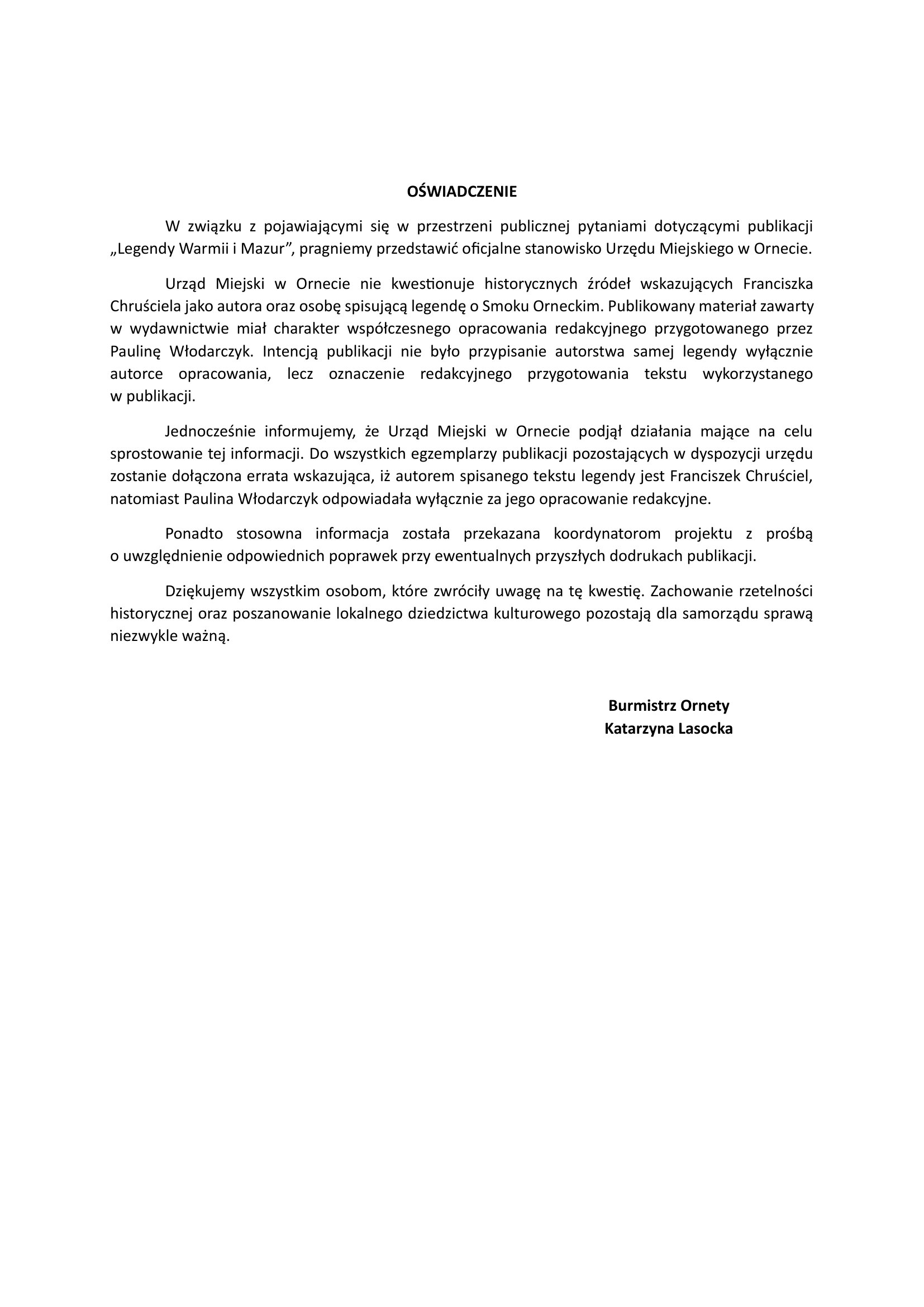 Oficjalne oświadczenie Katarzyna Lasocka - Burmistrz Ornety w sprawie publikacji "Legendy Warmii i Mazur" - Gmina Orneta - legenda o Orneckim smoku.