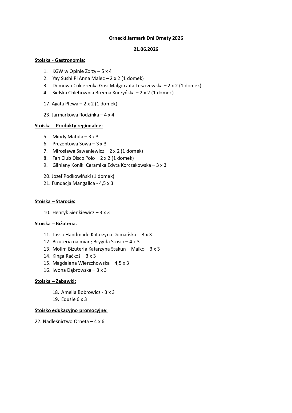 Lista wystawców - Jarmark Dni Ornety 2026