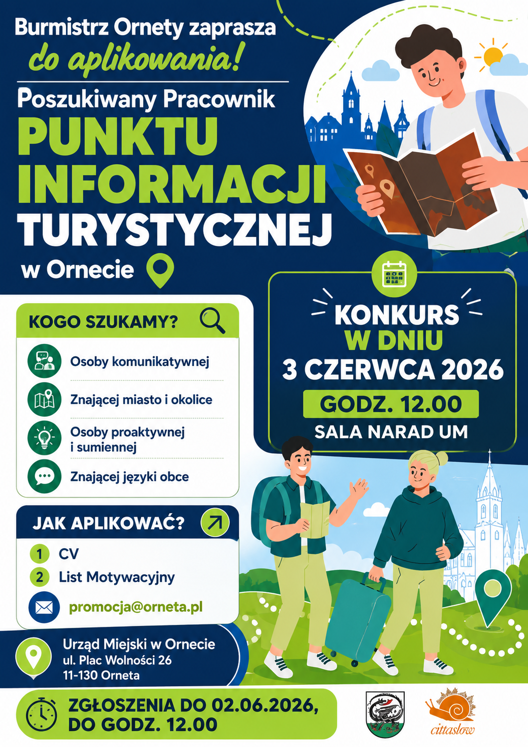 Plakat - nabór na stanowisko pracownika Punktu Informacji Turystycznej w Ornecie