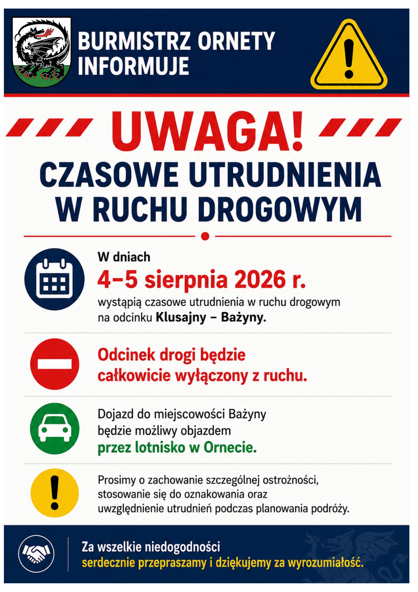 Plakat - utrudnienia w ruchu drogowym Klusajny - Bażyny