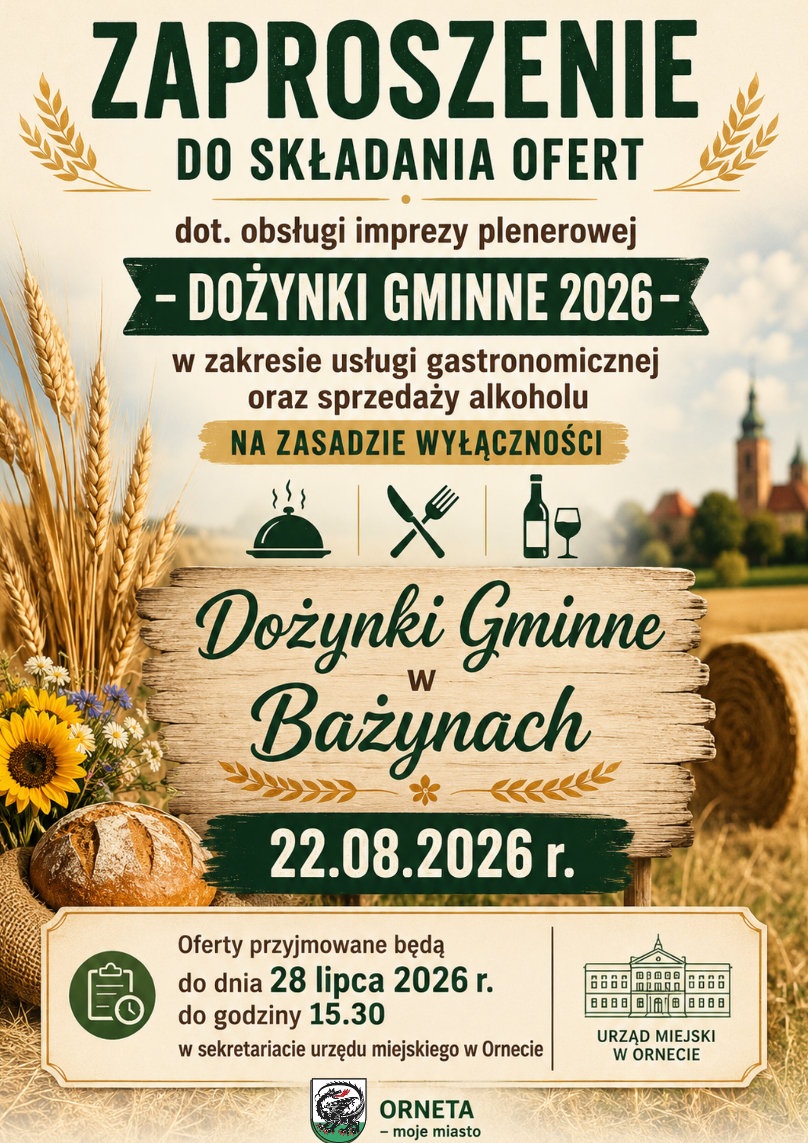 Zaproszenie do składania ofert dot. obsługi imprezy plenerowej &ndash; Dożynki Gminne 2026 w Bażynach &ndash; w zakresie usługi gastronomicznej oraz sprzedaży alkoholu na zasadzie wyłączności
