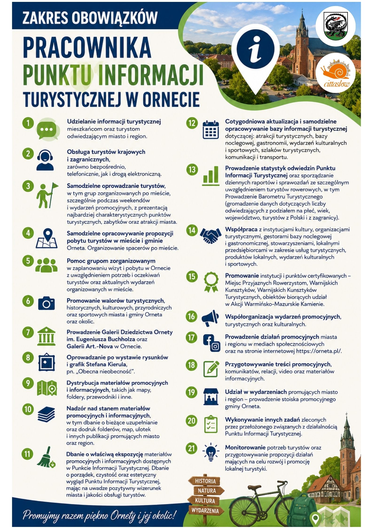 Plakat obowiązki pracownika Punktu Informacji Turystycznej w Ornecie