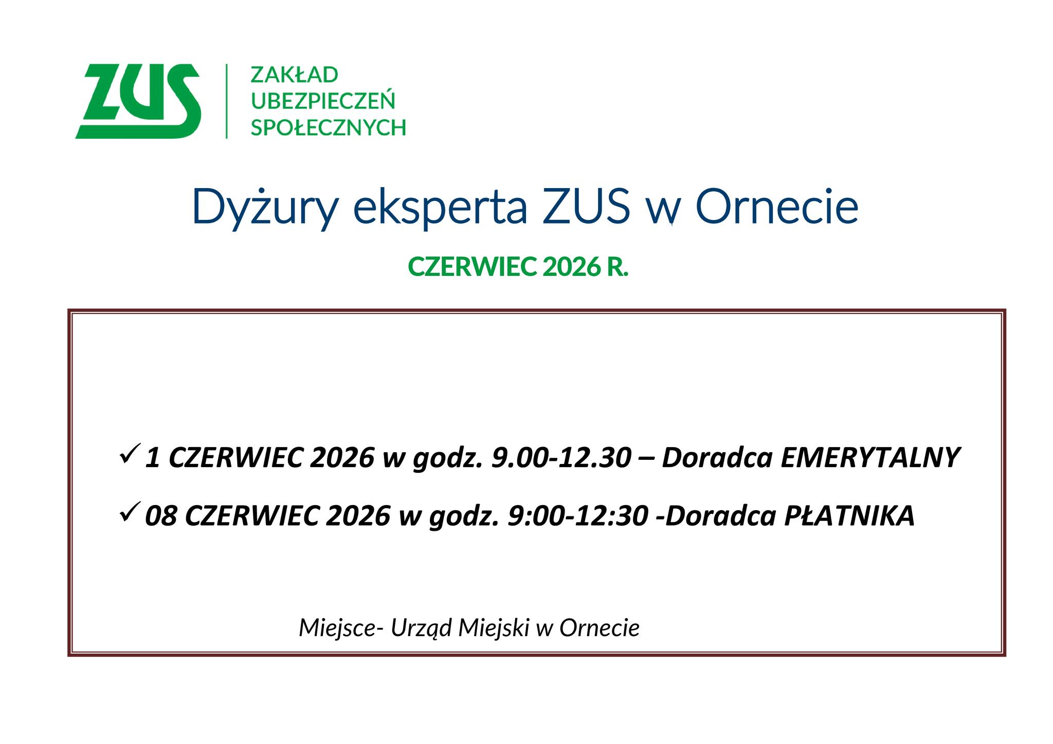 Dyżury ZUS czerwiec 2026