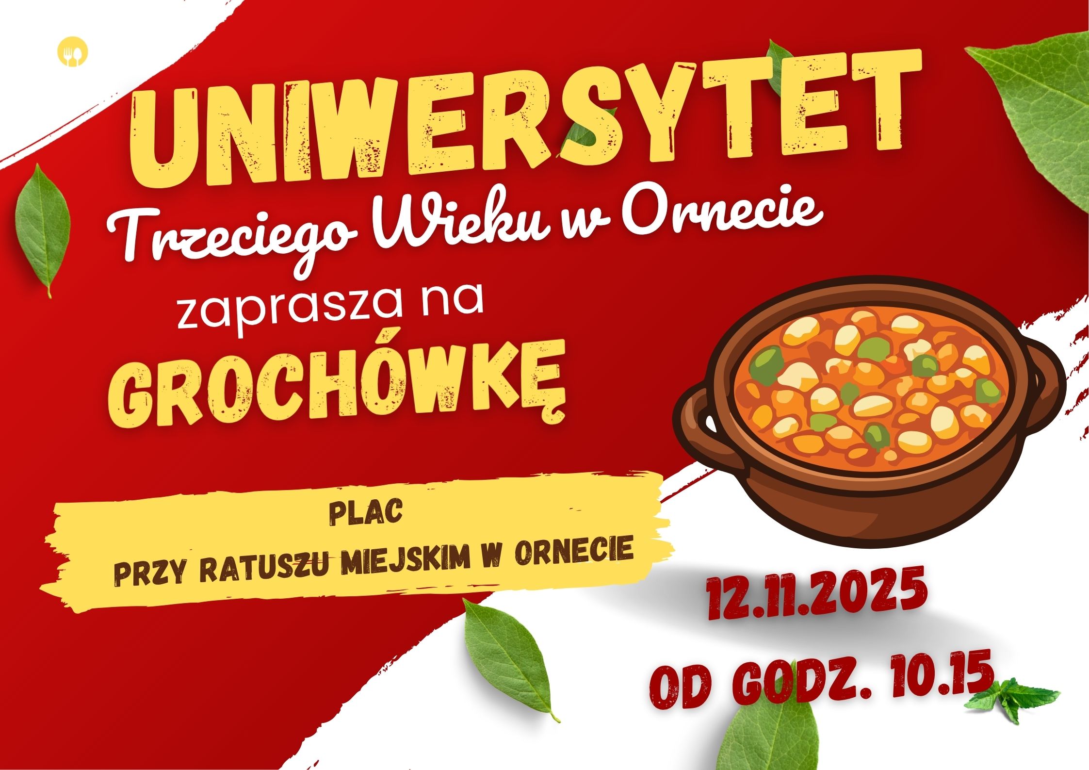 Plakat bezpłatna grochówka na placu przy ratuszu